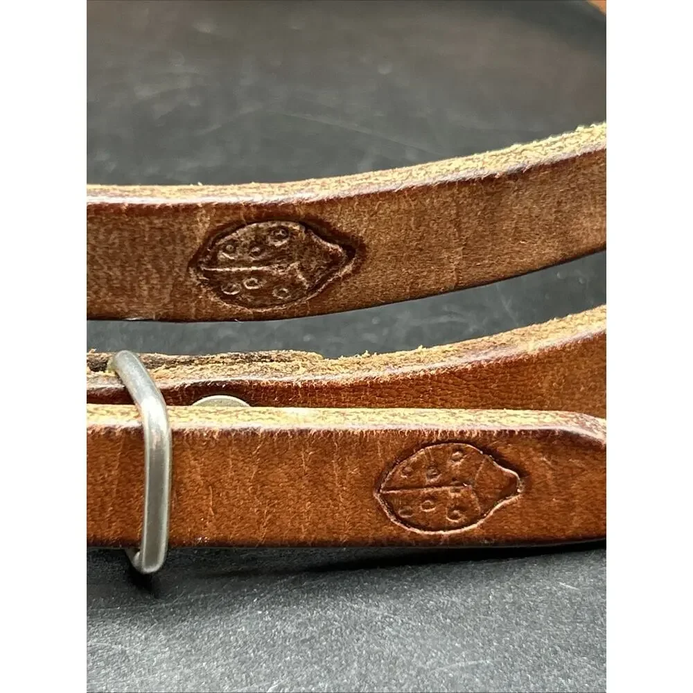 Leather Belt Womens 33 Brown Embossed Ladybug Silver tone Buckle Skinny 1/2”